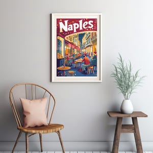 Vibrante escena callejera de Nápoles disfrutando de una pizza en un ambiente colorido: arte inspirado en carteles de viajes antiguos