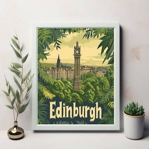 Edimburgo: ilustración de un cartel de viaje antiguo que muestra la emblemática torre del reloj y la arquitectura de la ciudad en un entorno verde exuberante