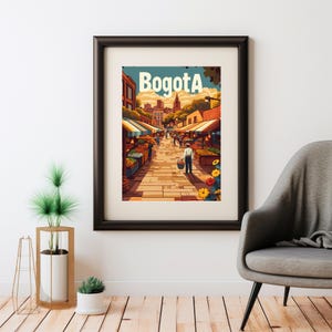 Vibrante escena del mercado de Bogotá: puestos coloridos, productos frescos y encanto urbano en un estilo de póster de viaje retro
