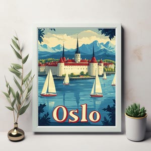 El encantador castillo de Oslo junto a las tranquilas aguas con veleros y majestuosas montañas: arte inspirado en carteles de viajes antiguos