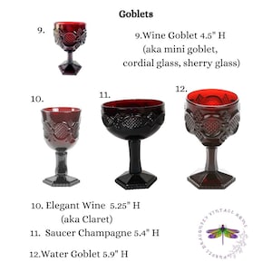May include: Set of four red glass goblets of varying sizes. The goblets are labelled with numbers 9, 10, 11, and 12. Each goblet has a different height: 4.5 inches, 5.25 inches, 5.4 inches, and 5.9 inches. The goblets are described as Wine Goblet, Elegant Wine, Saucer Champagne, and Water Goblet.