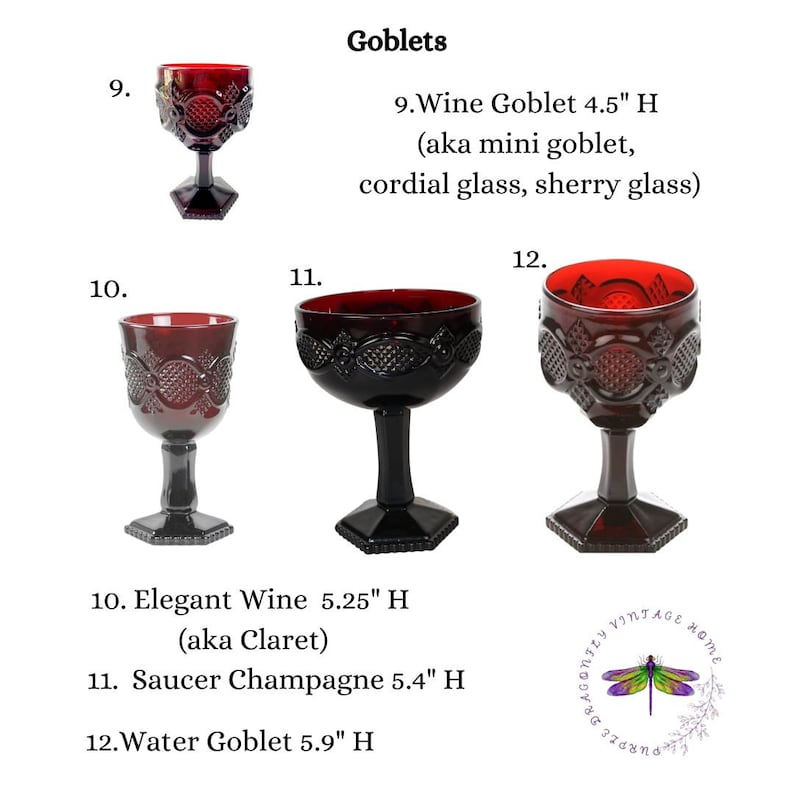 May include: Set of four red glass goblets of varying sizes. The goblets are labelled with numbers 9, 10, 11, and 12. Each goblet has a different height: 4.5 inches, 5.25 inches, 5.4 inches, and 5.9 inches. The goblets are described as Wine Goblet, Elegant Wine, Saucer Champagne, and Water Goblet.