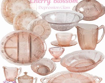 Original Pink Cherry Blossom Depression Glass* Jeanette Glass Company* Vintage Glassware* Free Shipping
