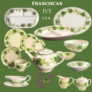 May include: A set of Franciscan Ivy dinnerware featuring a white background with green ivy leaf designs. The set includes a teapot, creamer, sugar bowl, gravy boat, bowls, plates, and a serving dish. The text "FRANCISCAN IVY U.S.A." is printed on the serving dish.