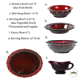 May include: Set of eight red glass serving dishes, including a 5.25 inch dessert bowl, a 7.4 inch rim soup bowl, an 8.75 inch serving bowl, an 8 inch gravy boat, and a 13 inch oval serving platter.
