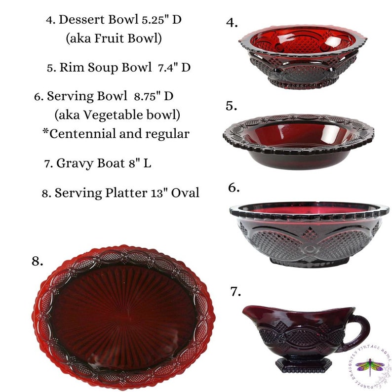 May include: Set of eight red glass serving dishes, including a 5.25 inch dessert bowl, a 7.4 inch rim soup bowl, an 8.75 inch serving bowl, an 8 inch gravy boat, and a 13 inch oval serving platter.