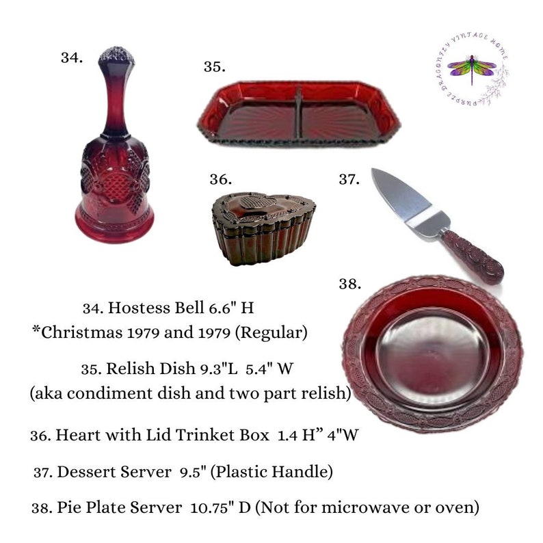 May include: A set of eight vintage red glass serving pieces, including a hostess bell, relish dish, heart-shaped trinket box, dessert server, and pie plate server. All the pieces are made of red glass with a textured surface. The hostess bell is 6.6 inches tall and the pie plate server is 10.75 inches in diameter.