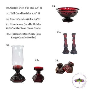 May include: Set of red glass candle holders and hurricane candle holders. The candle holders are in various sizes and styles, including tall, short, and hurricane. The hurricane candle holder has a clear glass globe. The candle holders are all made of red glass and have a decorative design.