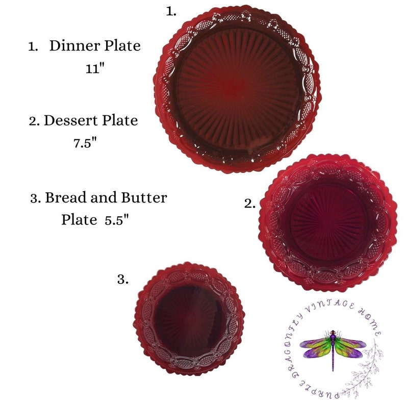 May include: Three red glass plates with a decorative pattern. The largest plate is 11 inches in diameter, the middle plate is 7.5 inches in diameter, and the smallest plate is 5.5 inches in diameter.