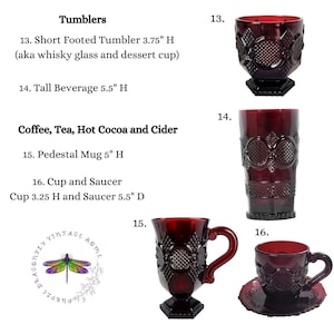 May include: Set of six red glass tumblers and mugs with intricate patterns. The tumblers are 3.75 inches tall and 5.5 inches tall. The mugs are 5 inches tall. The set includes a cup and saucer, with the cup being 3.25 inches tall and the saucer being 5.5 inches in diameter.