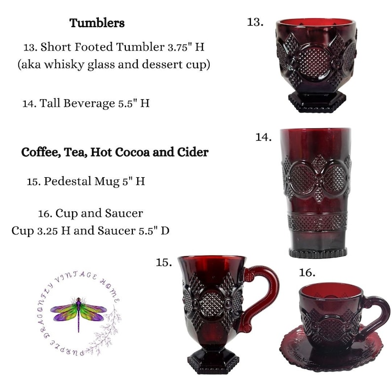 May include: Set of six red glass tumblers and mugs with intricate patterns. The tumblers are 3.75 inches tall and 5.5 inches tall. The mugs are 5 inches tall. The set includes a cup and saucer, with the cup being 3.25 inches tall and the saucer being 5.5 inches in diameter.