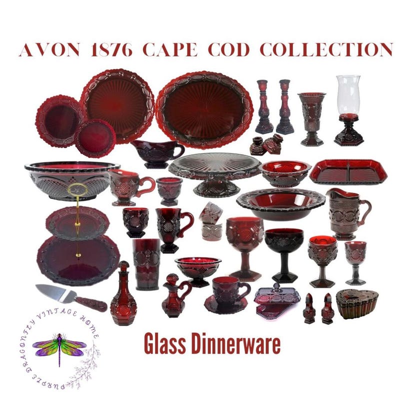 May include: A collection of red glass dinnerware from the Avon 1876 Cape Cod Collection. The set includes plates, bowls, cups, a jug, a cake stand, and candle holders.