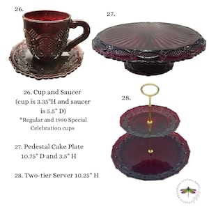 May include: Three red glass serving pieces. A cup and saucer set, a pedestal cake plate, and a two-tier server. The cup is 3.35 inches tall and the saucer is 5.5 inches in diameter. The cake plate is 10.75 inches in diameter and 3.5 inches tall. The two-tier server is 10.25 inches tall.
