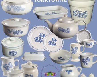 Vintage Pfaltzgraff Yorktowne Stoneware: Blue Floral Dinnerware