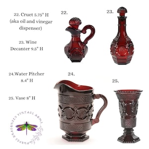 May include: Set of five red glass vintage items, including a cruet, decanter, pitcher, and vase. The items are all decorated with a raised pattern and are approximately 5.75 inches, 9.5 inches, 8.4 inches, and 8 inches tall, respectively.