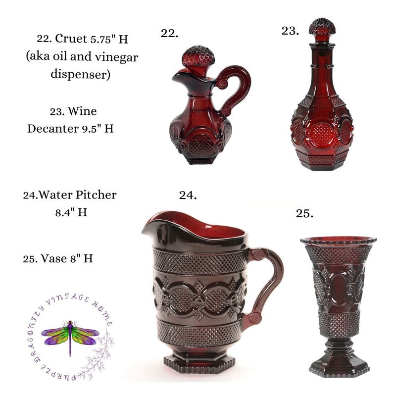 May include: Set of five red glass vintage items, including a cruet, decanter, pitcher, and vase. The items are all decorated with a raised pattern and are approximately 5.75 inches, 9.5 inches, 8.4 inches, and 8 inches tall, respectively.
