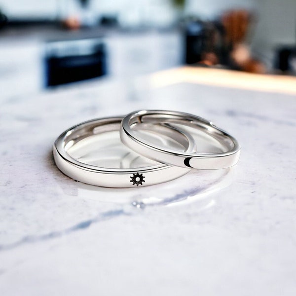 Couple Moon Sun Ring Set, Matching His And Hers Rings, Adjustable Silver Rings, Simple Anxiety Ring