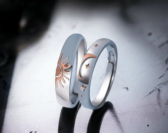 Bagues soleil et lune pour couple, belle bague anxiété pour femme, bague en argent réglable, bague empilable minimaliste simple