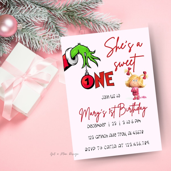 First Birthday Party, She's turning one, Grinch Invitation, Girl Grinch, Christmas Birthday Party, She's a Sweet One Invite, Mean One Invite