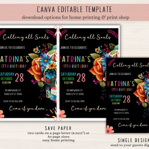 May include: A printable invitation for a 17th birthday party with a Day of the Dead theme. The invitation features a colorful sugar skull with flowers and the text "Calling all Souls" and "Katrina's 17th Birthday".