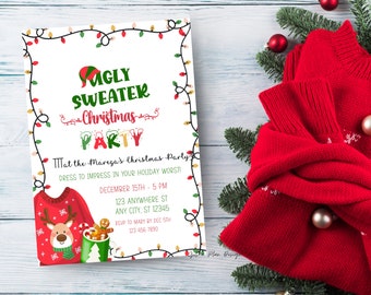 May include: A Christmas party invitation with a red and green ugly sweater design. The invitation says "Ugly Sweater Christmas Party" and includes details about the party, including the date, time, and location.