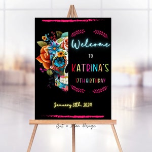 Señal de bienvenida del Día de Muertos, Señal de bienvenida del Día de los Muertos, Señal de fiesta de calavera de azúcar de Halloween de México, Señal de fiesta de calavera de azúcar Fiesta