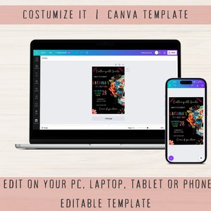 May include: Editable Canva template for a Day of the Dead party invitation. The invitation features a colorful sugar skull with flowers and the text "Calling all Souls" and "Katrina's Day of the Dead Birthday".