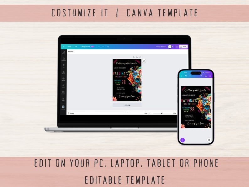 May include: Editable Canva template for a Day of the Dead party invitation. The invitation features a colorful sugar skull with flowers and the text "Calling all Souls" and "Katrina's Day of the Dead Birthday".
