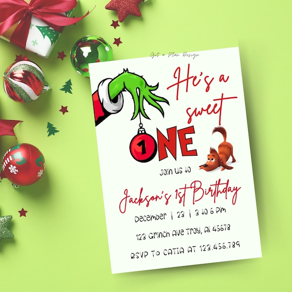 Grinch 1st Birthday Invitation: Sweet One, Christmas Party (Canva Template)