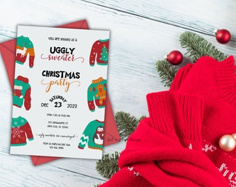 May include: A white invitation card with a red envelope. The invitation is for an Ugly Sweater Christmas party on December 23rd, 2023. The invitation features illustrations of various Christmas sweaters with festive designs.
