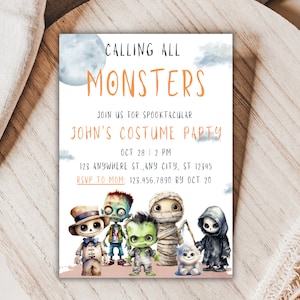 Calling All Monsters Halloween Invitation, Invite Kids Spooky Birthday, Editable Costume Party Invite, Monster Theme Fall Invite