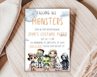 Monster Halloween Costume Party Invitation: Spooky Kids Birthday (Canva Template)