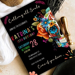Invitación de cumpleaños del Día de los Muertos, invitación de cumpleaños del Día de los Muertos, invitación de fiesta de calaveras de azúcar de Halloween en México, fiesta de calaveras de azúcar