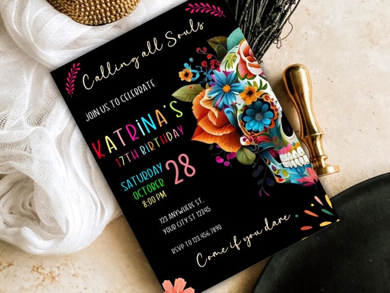 Day of the Dead Birthday Invite, Dia de los Muertos Birthday Invitation, Mexico Halloween Sugar Skull Party Invite, Fiesta Sugar Skull Party
