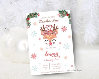 May include: A Christmas-themed invitation with a cartoon reindeer wearing a red and white candy cane headband. The invitation says "Join us for some Reindeer Fun" and "Emma is turning Two!" with a date and time for the event.