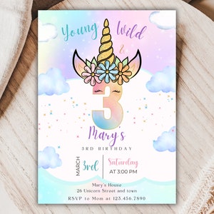 Personalized Unicorn and Rainbow Birthday Party Invitation, Young Wild and Three Party, Unicorn Girl Birthday Party Invite