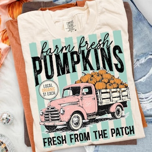 May include: A cream-colored t-shirt featuring a graphic of a pink vintage pickup truck loaded with orange pumpkins. The text reads "farm fresh PUMPKINS", "LOCAL ORGANIC $1 EACH", and "FRESH FROM THE PATCH" over a light teal vertical striped background.