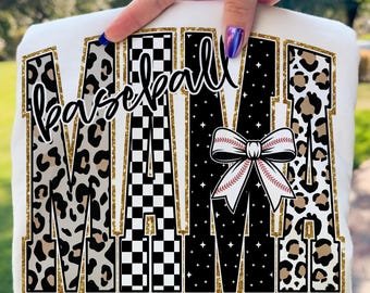 Baseball Mama PNG Sublimation Design Retro Leopard Checkered Graphic Digital Download