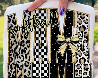 Softball Mama PNG Sublimation Design Retro Leopard Checkered Graphic Digital Download