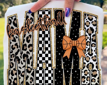 Basketball Mama PNG Sublimation Design Retro Leopard Checkered Basketball Mom Shirt Graphic Digital Download