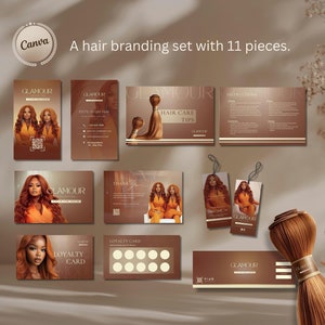 Haar & Perücke Business Branding Kit |  Visitenkarte, Dankes-Karte, Kundentreue-Karte, Hair Care Guide | Canva bearbeitbare Marketingvorlagen