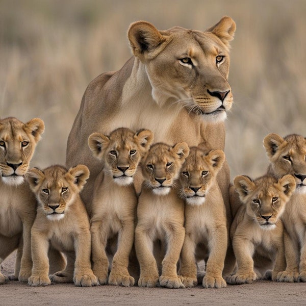 Mother lioness with 7 cubs