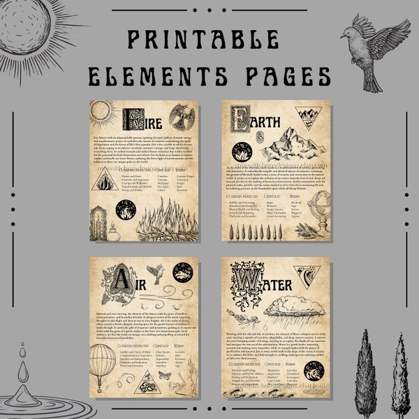 Printable Element Pages - 4 Informative Element Grimoire Pages, Magical Elements (Earth Fire Air Water) Witchcraft Pages, Witchy Digital