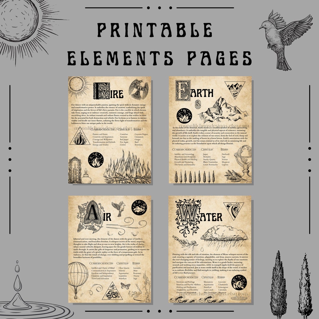 Printable Element Pages - 4 Informative Element Grimoire Pages, Magical ...