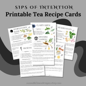Cartões de receitas de chá para impressão | 10 receitas de chá com páginas de sugestões informativas | Misturas mágicas de chá para renovação | Páginas de bruxaria digital