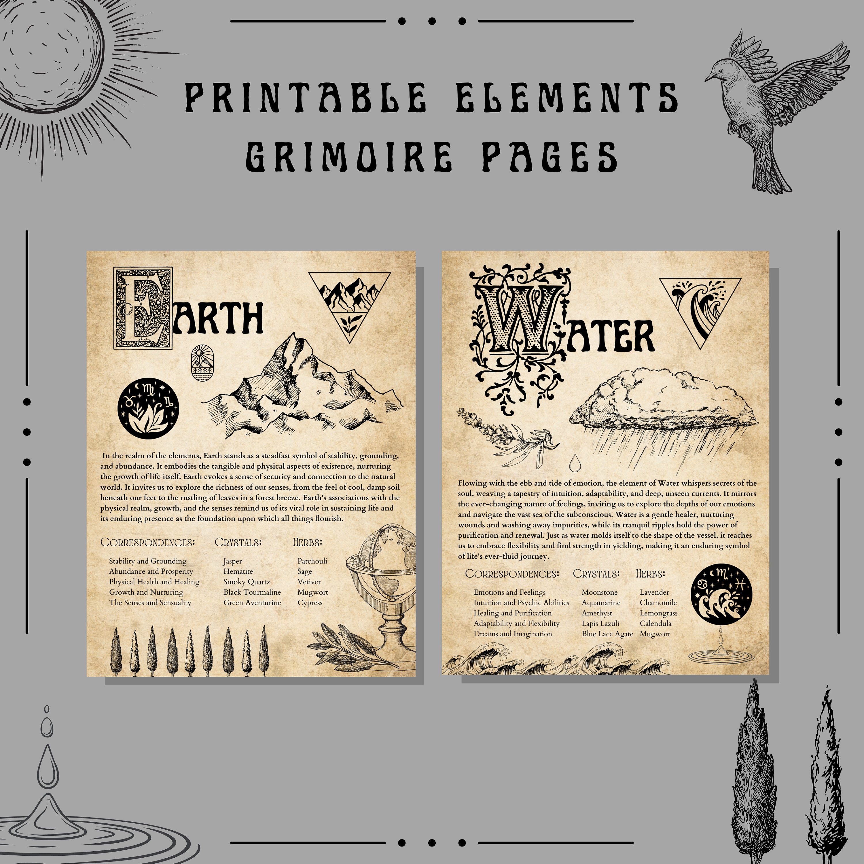 Printable Element Pages - 4 Informative Element Grimoire Pages, Magical ...