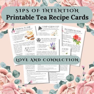 Cartões de receitas de chá para impressão - 10 receitas de misturas de chá com sugestões de rituais, chás de ervas mágicos, tema de amor e conexão, download digital