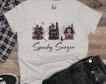 Spooky Season Halloween Women's T-shirt/ Haunted House Village Midweight Cotton Tee/ Cute Pink, Orange, Purple, and Black Art T-shirt