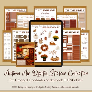Könnte beinhalten: Eine digitale Sticker-Kollektion mit Herbstthema. Das Bild zeigt ein Tablet, das von verschiedenen digitalen Stickern umgeben ist, darunter Kürbisse, Blätter und Blumenarrangements. Der Text "Autumn Air Digital Sticker Collection" wird angezeigt.