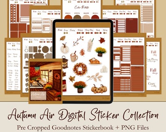 Può includere: Una collezione di adesivi digitali a tema autunnale. L'immagine presenta un tablet circondato da vari adesivi digitali, tra cui zucche, foglie e composizioni floreali. Il testo "Autumn Air Digital Sticker Collection" è visualizzato.